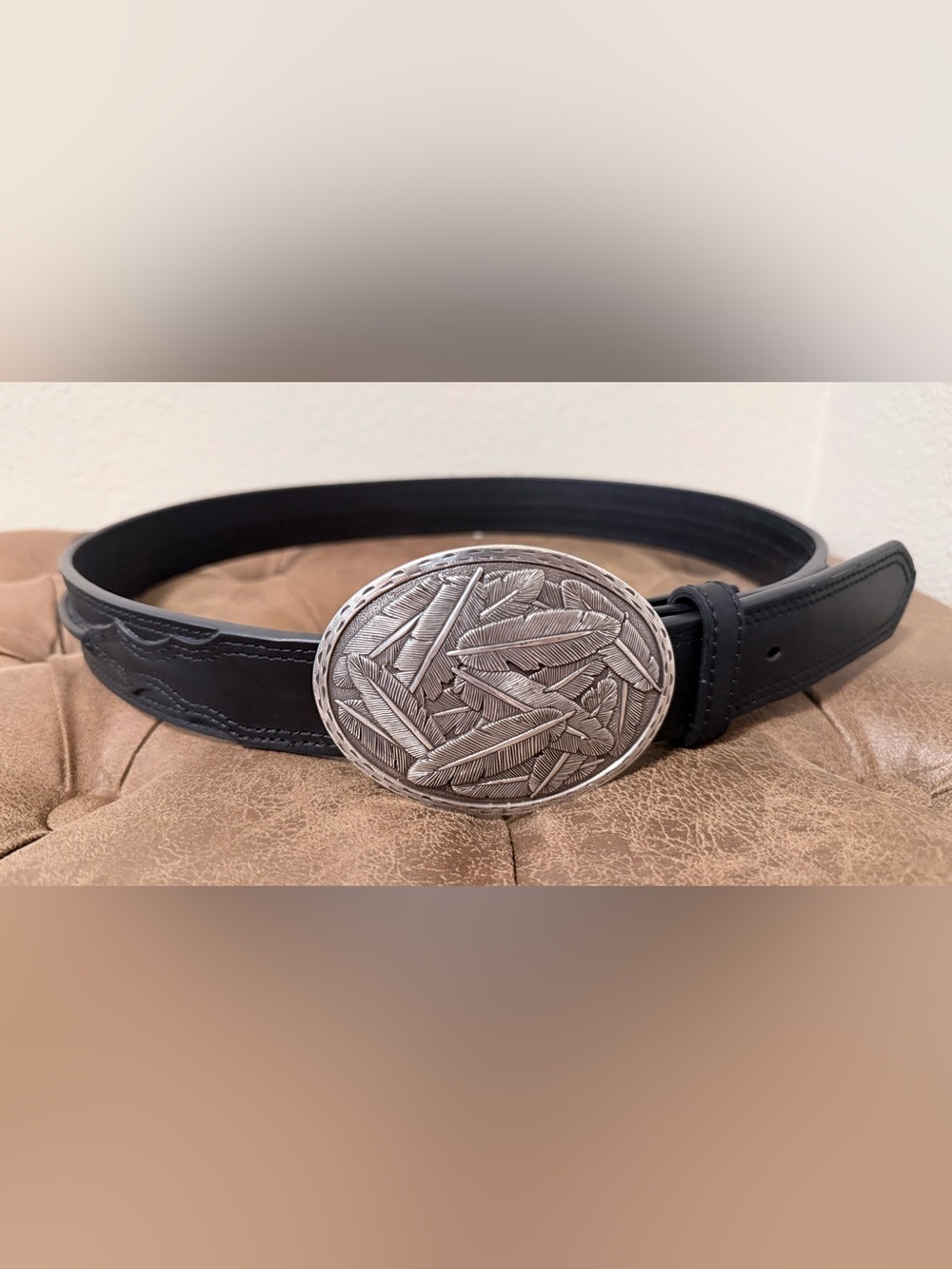 Ariat Men’s Center Ridge Black Belt, 36 Waist, with Feather Belt Buckle